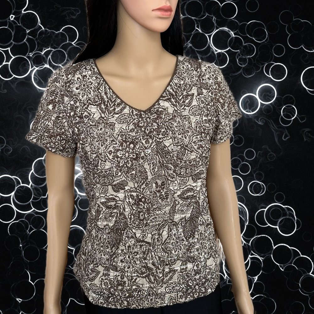 Women  gathered fabric top East 5h, Brown and Tan tones - Size Petit Medium